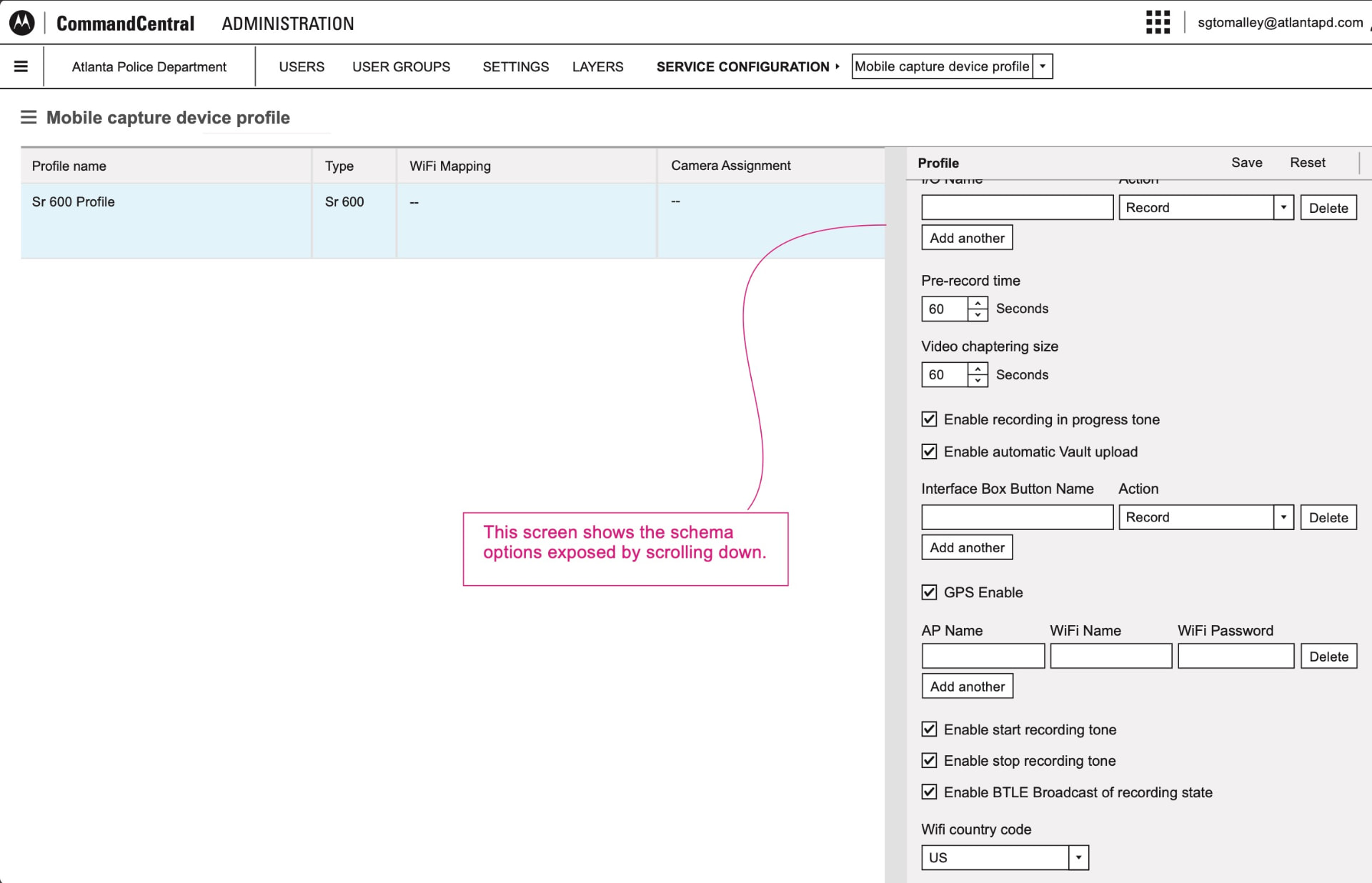 Mobile capture device profile scrolled, showing remaining schema options — GPS, WiFi, recording tones and BTLE broadcast