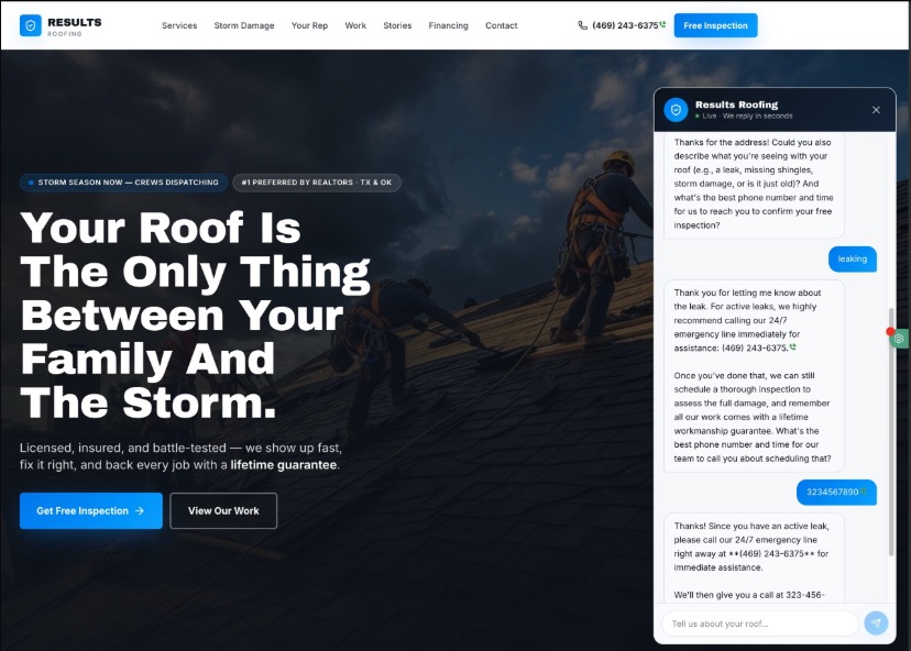 Roofing Elite homepage with storm-response messaging and a live assistant conversation panel