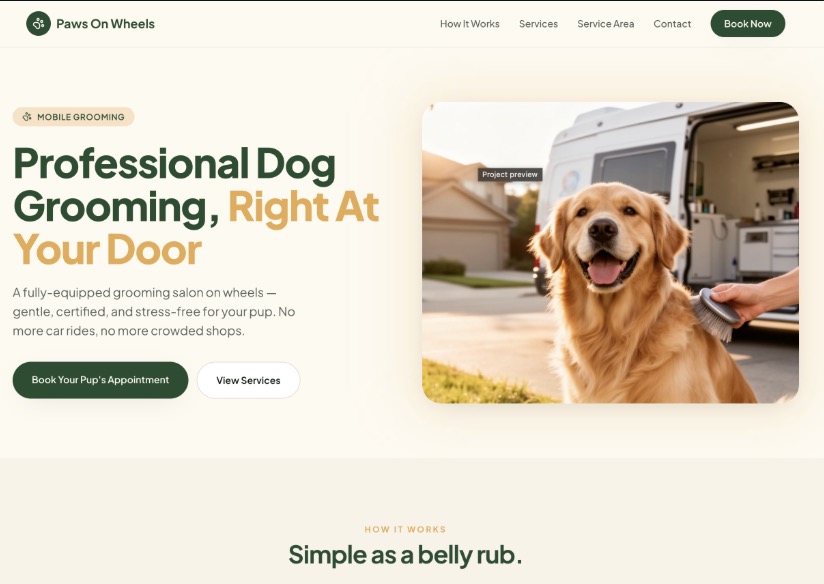 Paws Basic mobile dog-grooming homepage with booking calls to action
