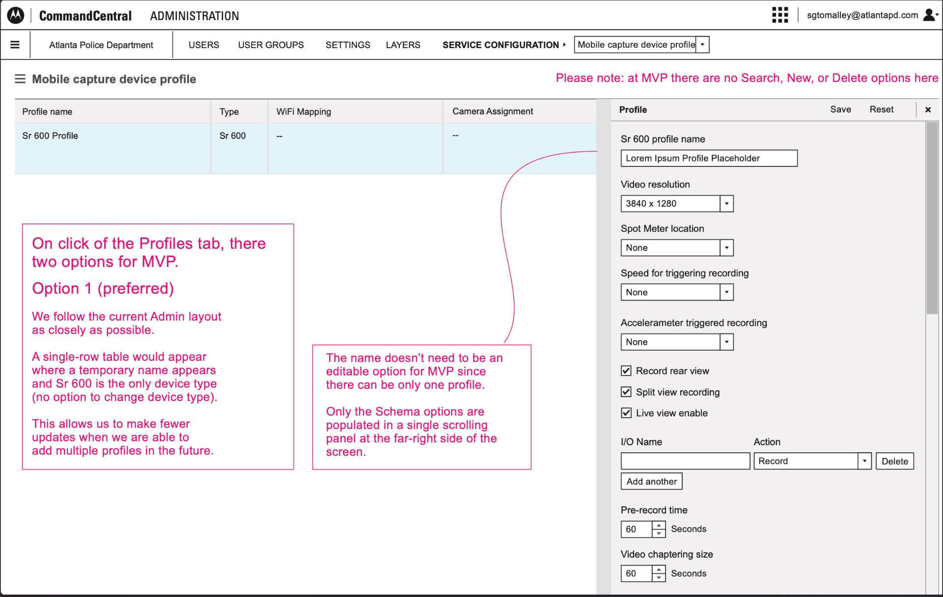 CommandCentral Administration mobile capture device profile — Option 1 (preferred): single-row profile table with right-hand Profile panel and red annotations explaining MVP scope