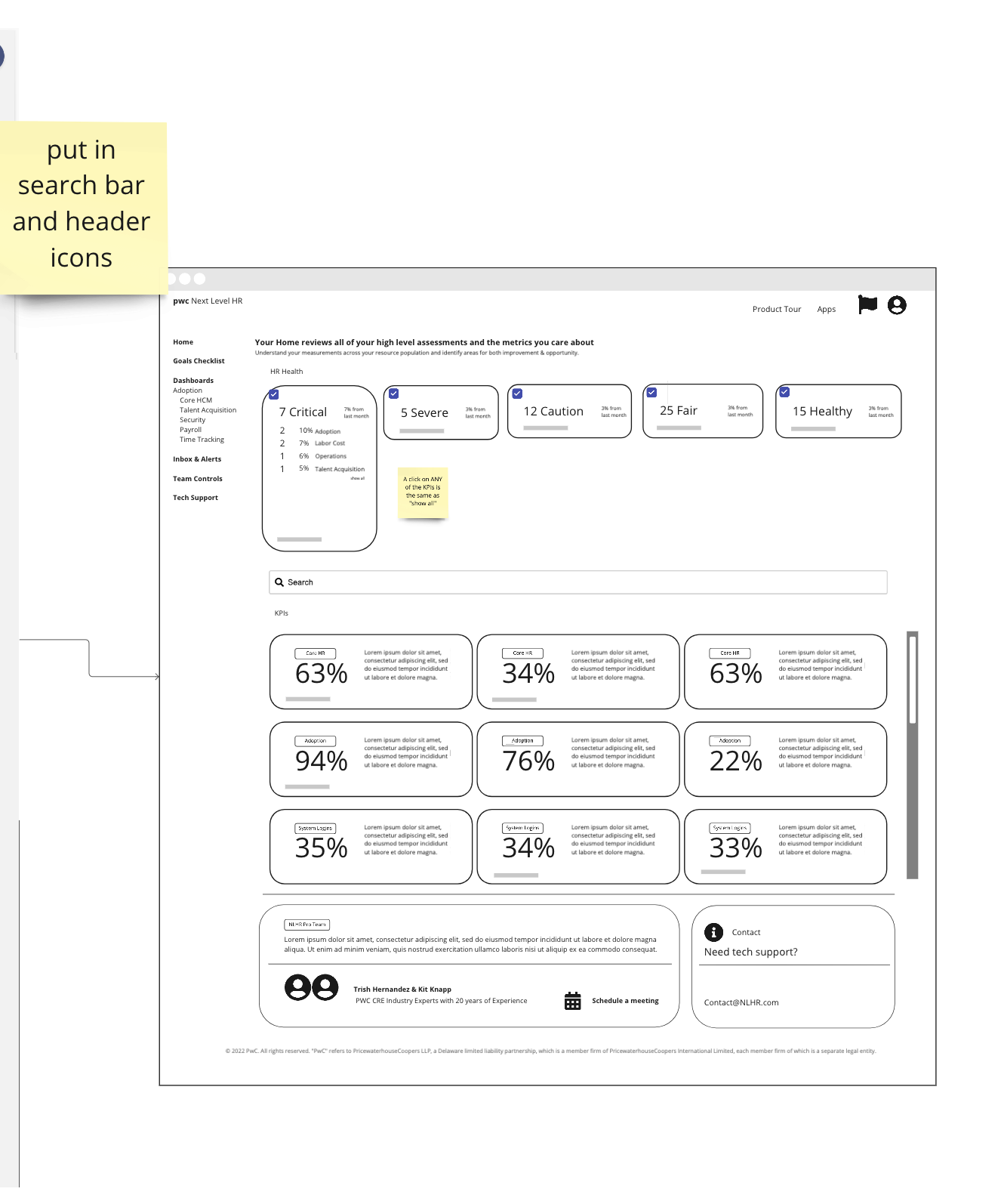 PwC Next Level HR — home dashboard wireframe