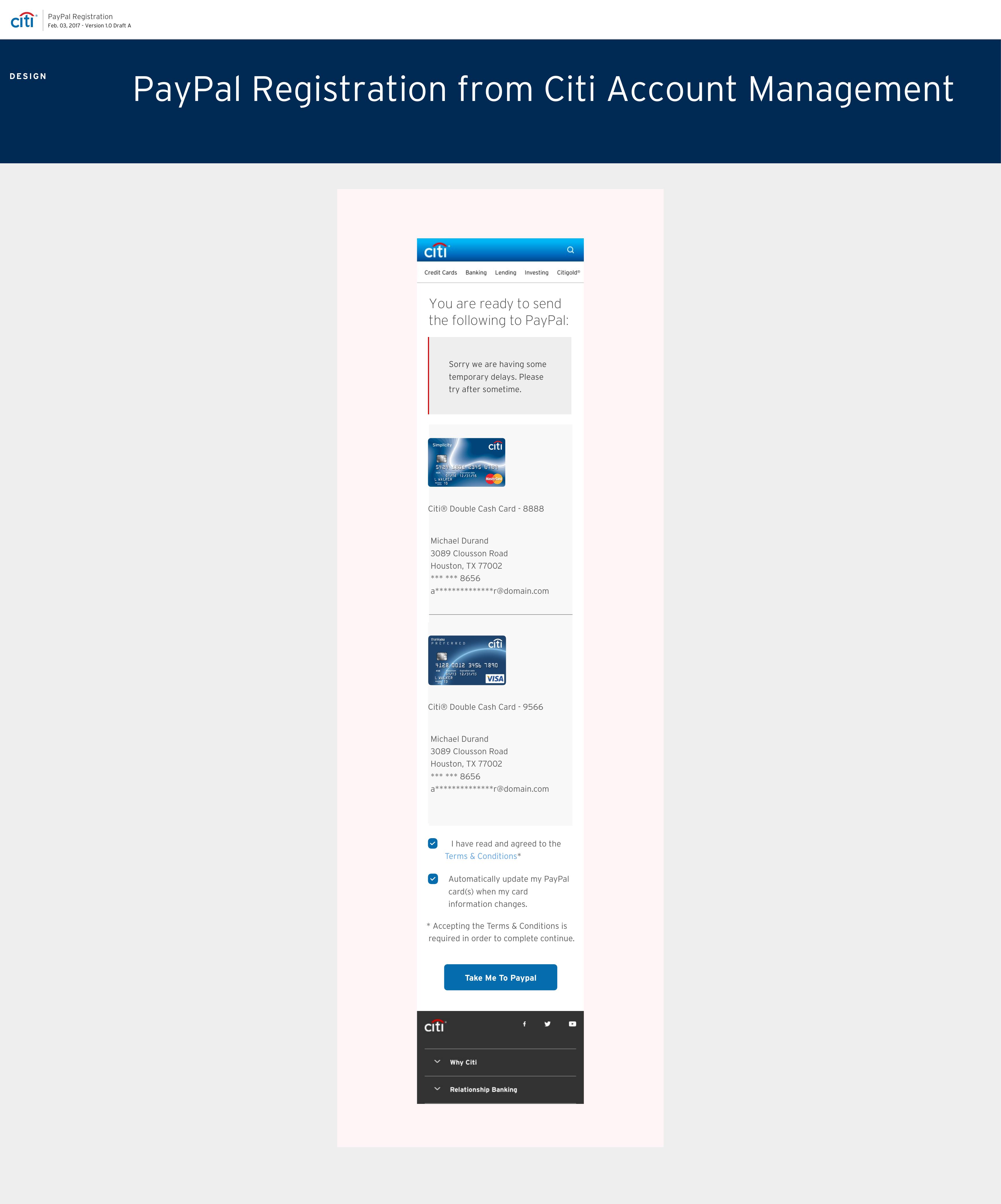 Review comp with a temporary-delay message above the two card panels and the Terms & Conditions checkboxes