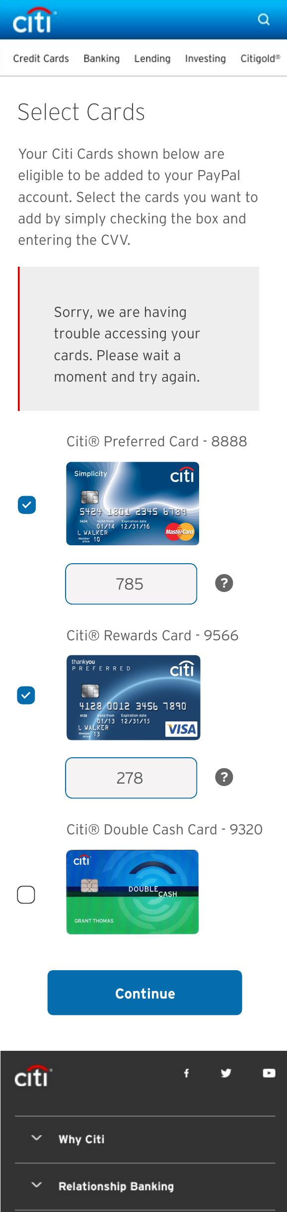 Select Cards comp with a red-bar error message reading “Sorry, we are having trouble accessing your cards. Please wait a moment and try again.”