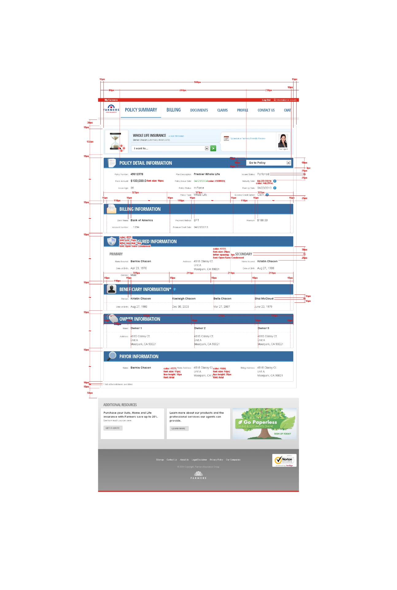 Farmers Insurance redlined Policy Summary page with grid widths, spacing, typography sizes and hex color annotations