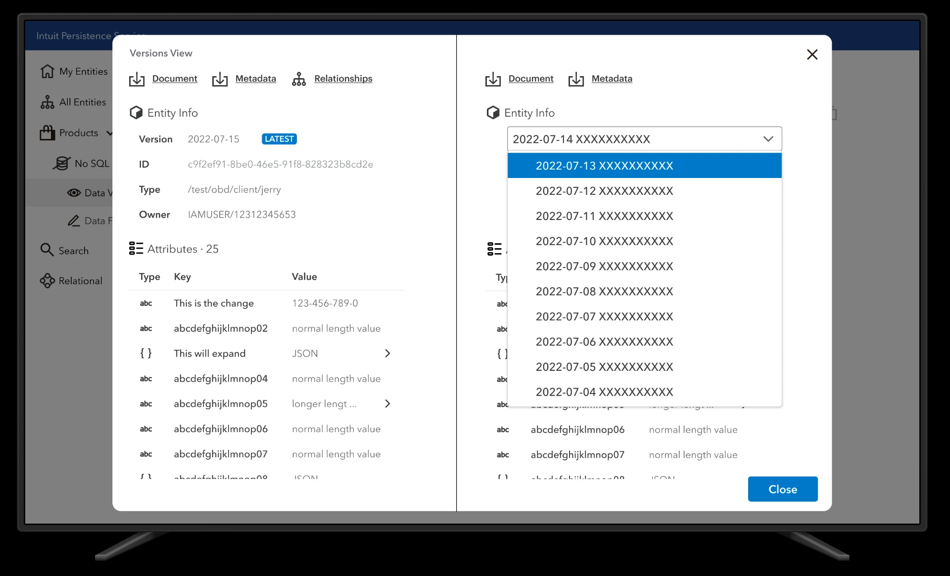 Versions View — version picker open, listing selectable dated versions