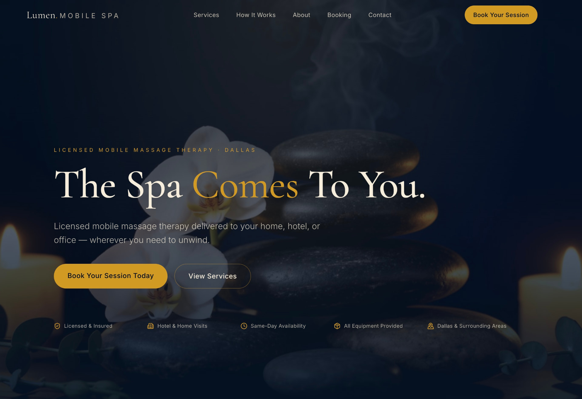 Massage Basic mobile spa homepage with session booking and service highlights