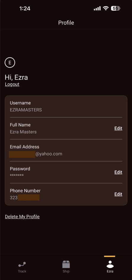 UPS profile screen with account details