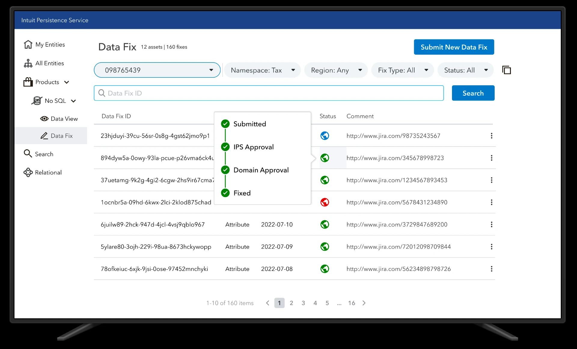 Data Fix — status tooltip showing Submitted, IPS Approval, Domain Approval and Fixed