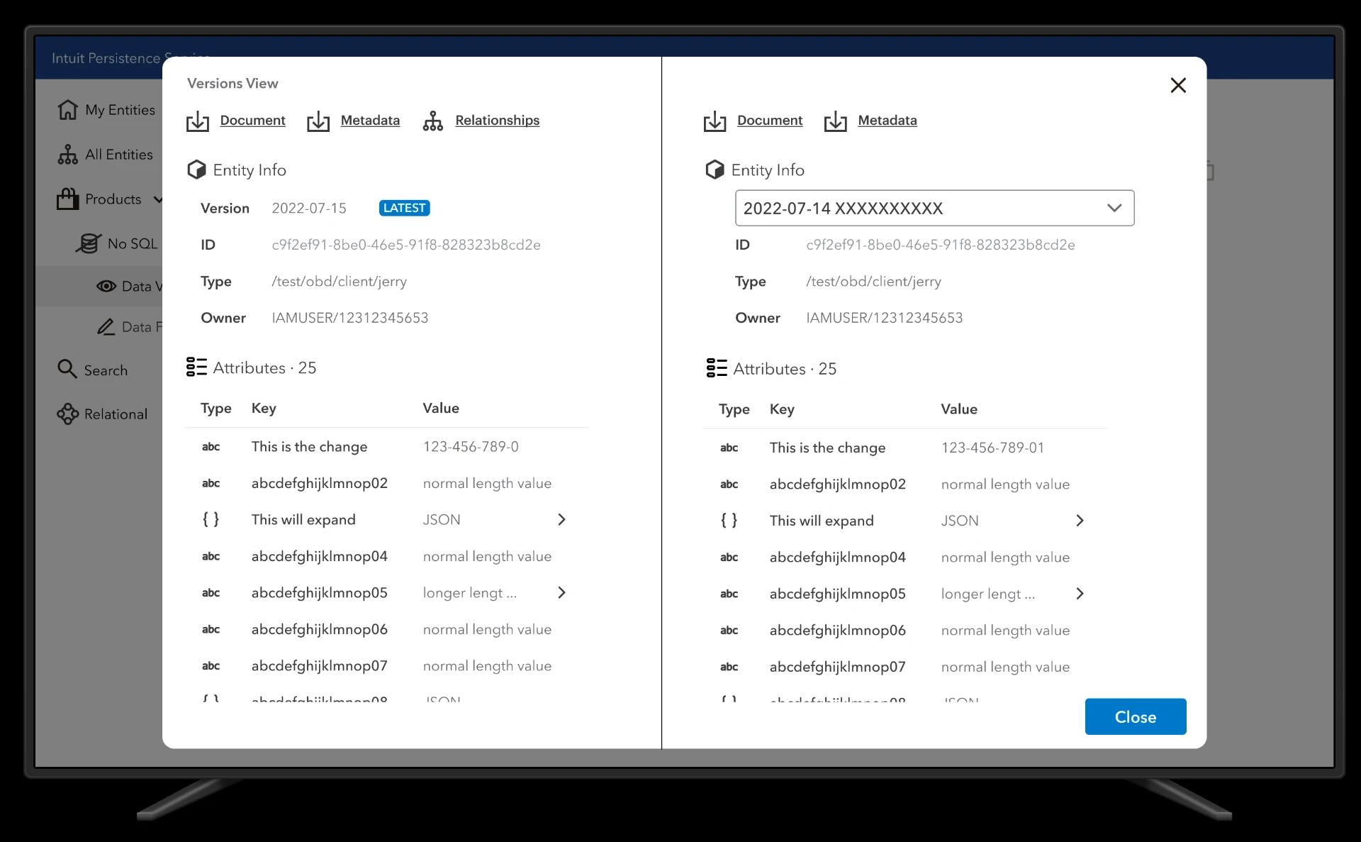 Versions View — latest version compared side by side with a prior version