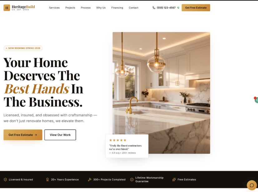 Contractor Elite home-renovation homepage with estimate request and credibility bar