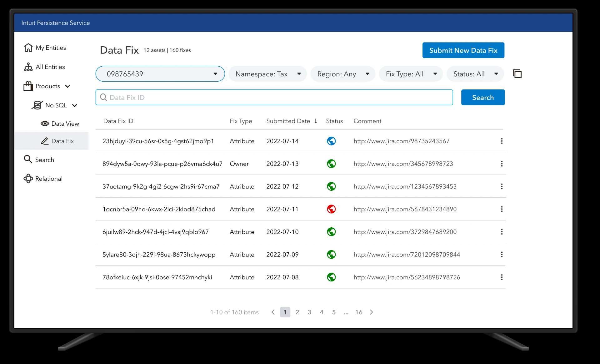 Data Fix — list of 160 fixes with fix type, submitted date, status and Jira comment