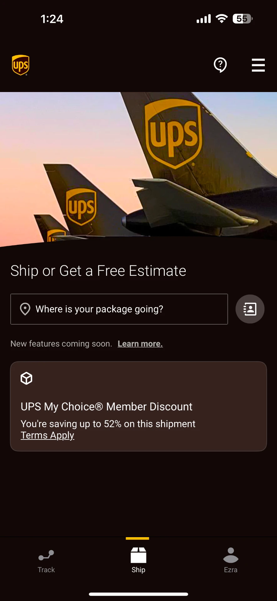 UPS Ship / Estimate screen with cost and delivery options