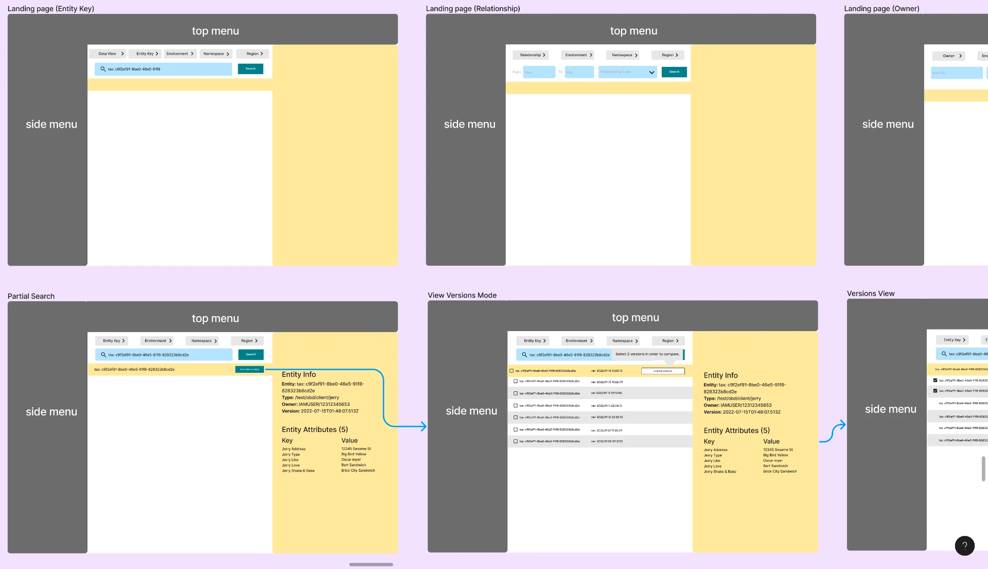 Landing-page wires — Entity Key, Relationship and Owner landing pages, Partial Search, View Versions Mode and Versions View with flow arrows