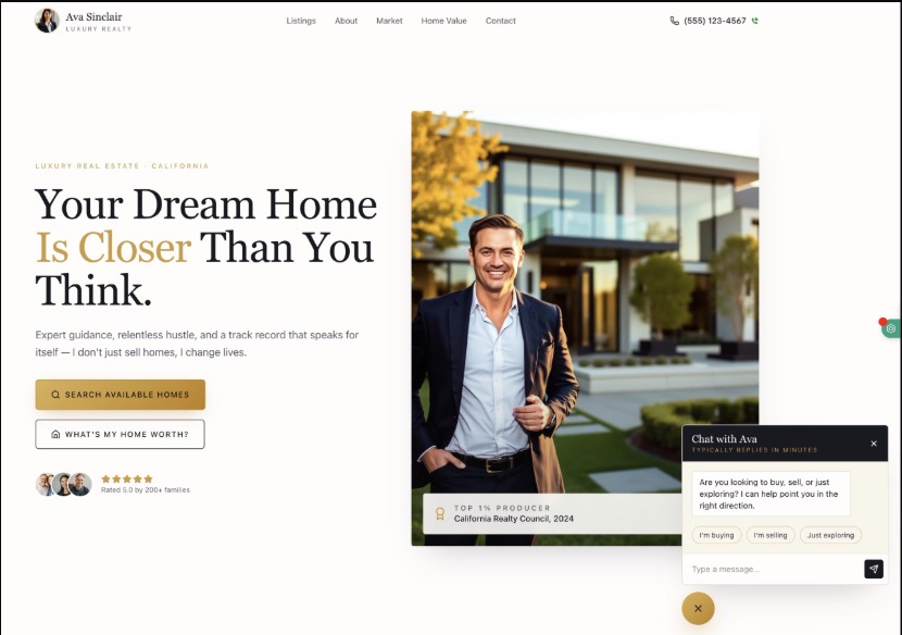 Realtor Elite luxury real-estate homepage with home search and a live chat assistant