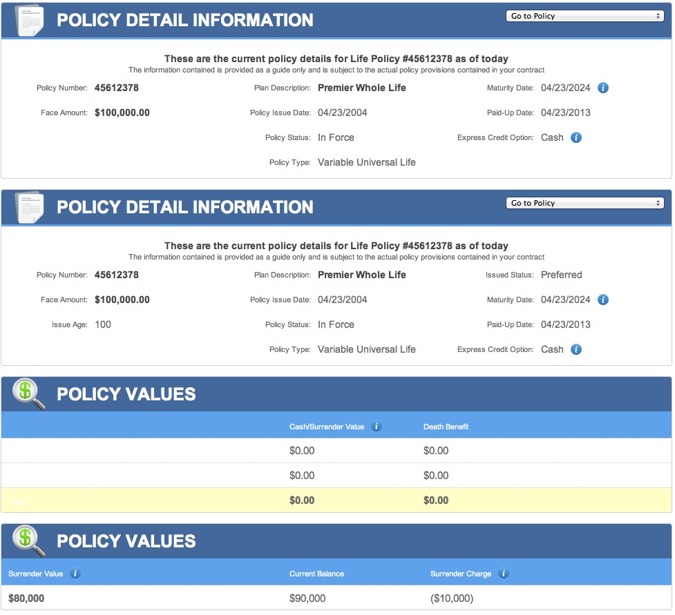 Farmers policy detail and policy values screens with selectable policy and structured financial information