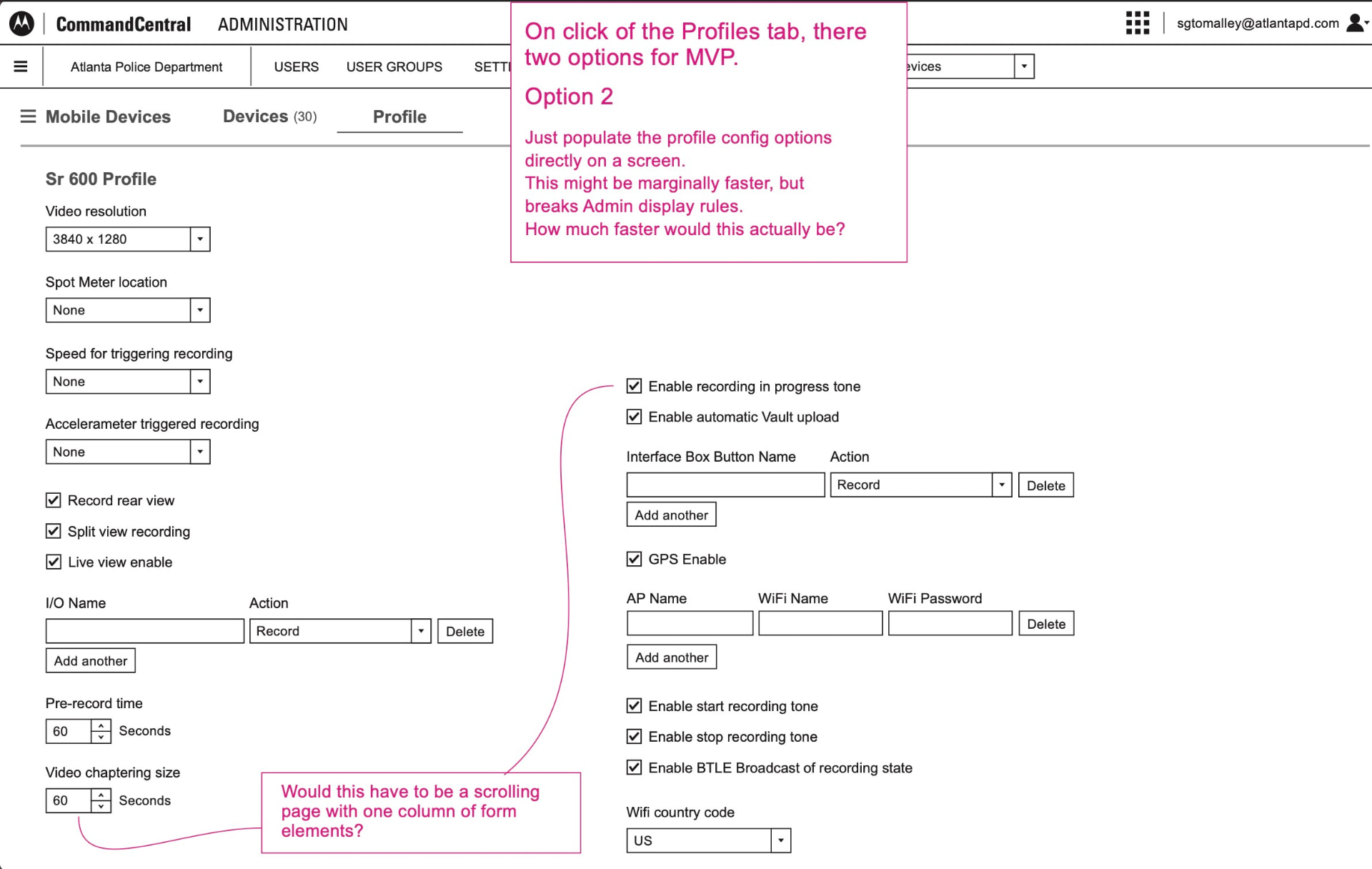 Mobile Devices Profile tab — Option 2: profile configuration placed directly on the page, with annotated open questions