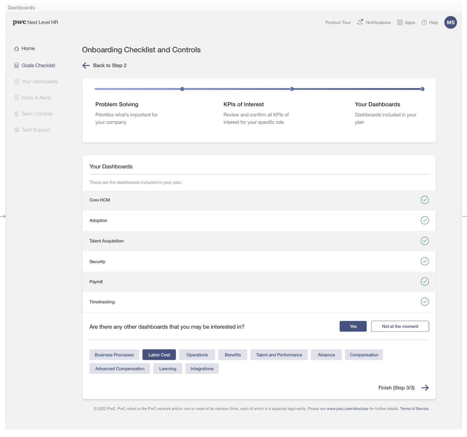PwC Next Level HR — onboarding checklist and dashboard controls