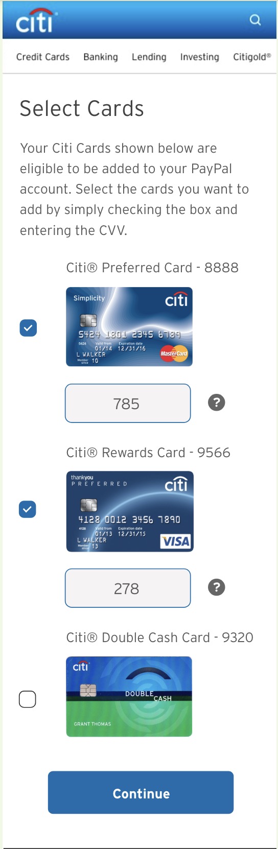 Citi mobile card-selection page with checkboxes, card images, CVV fields and Continue button