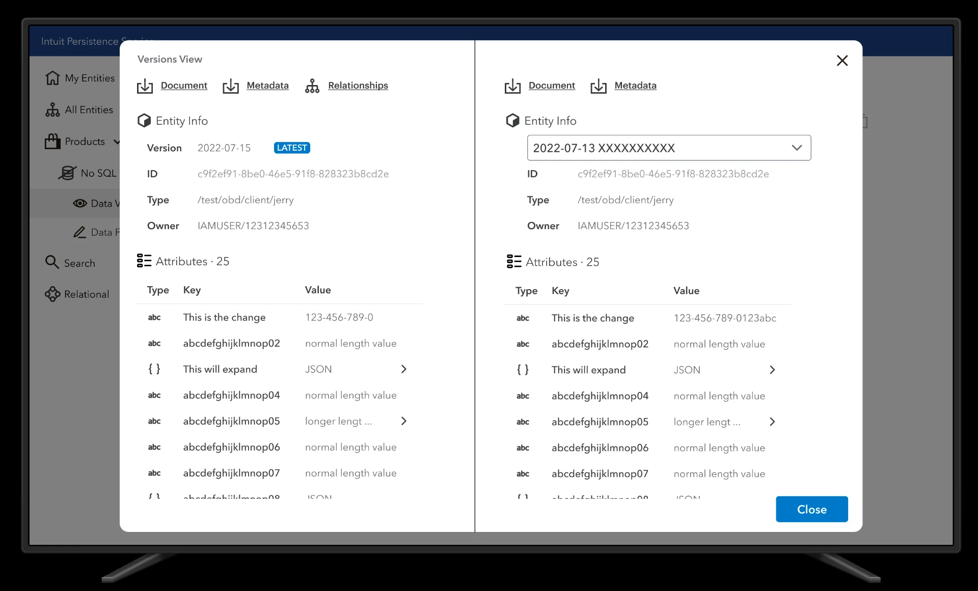 Versions View — two versions compared with a changed attribute value