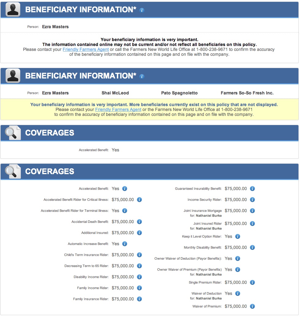 Farmers policy screens — beneficiary information and coverage sections