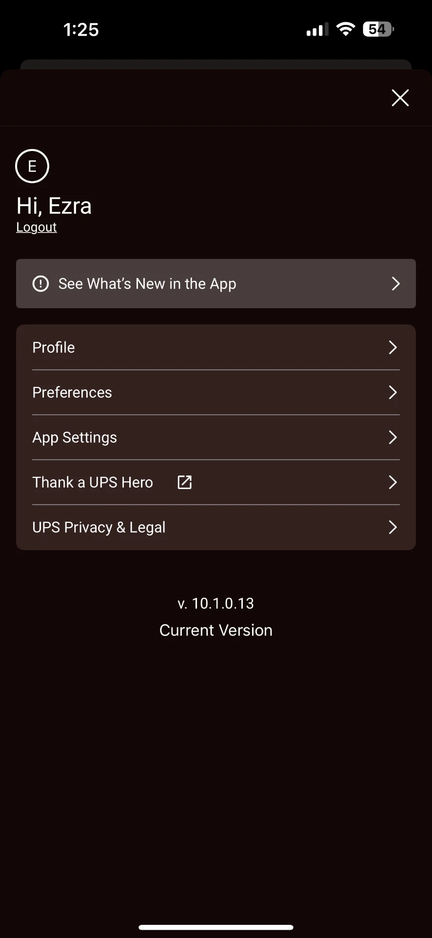 UPS account menu with profile, locations and preferences