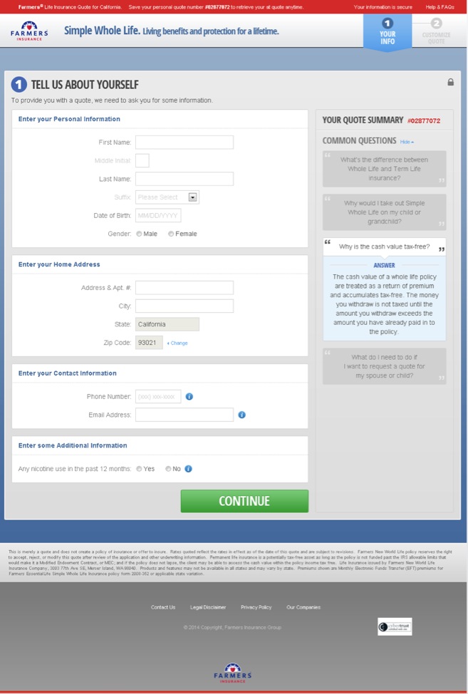 Farmers whole-life quote form with personal, address and contact fields