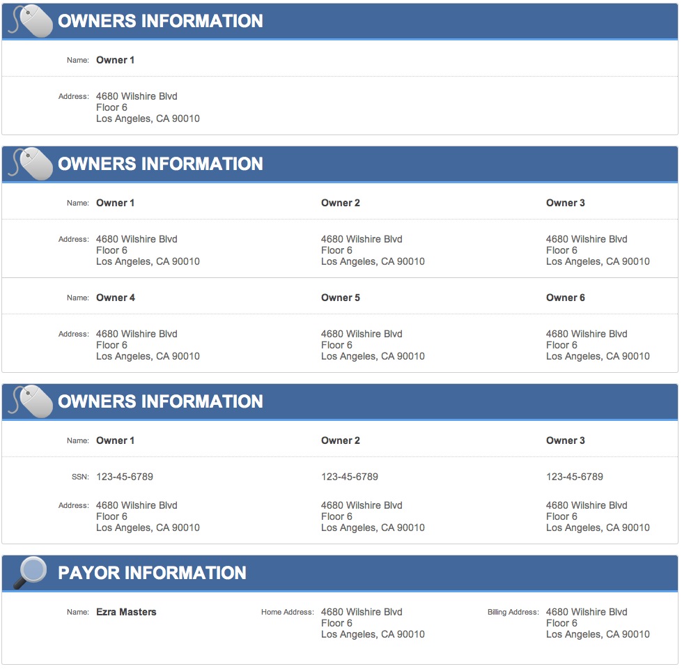 Farmers policy screens — owner information in single- through multi-owner layouts and payor information