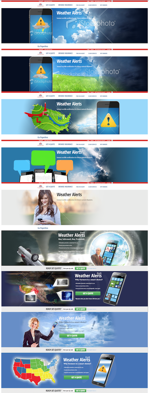 Farmers Weather Alerts homepage banner exploration sheet with nine layout and imagery variants