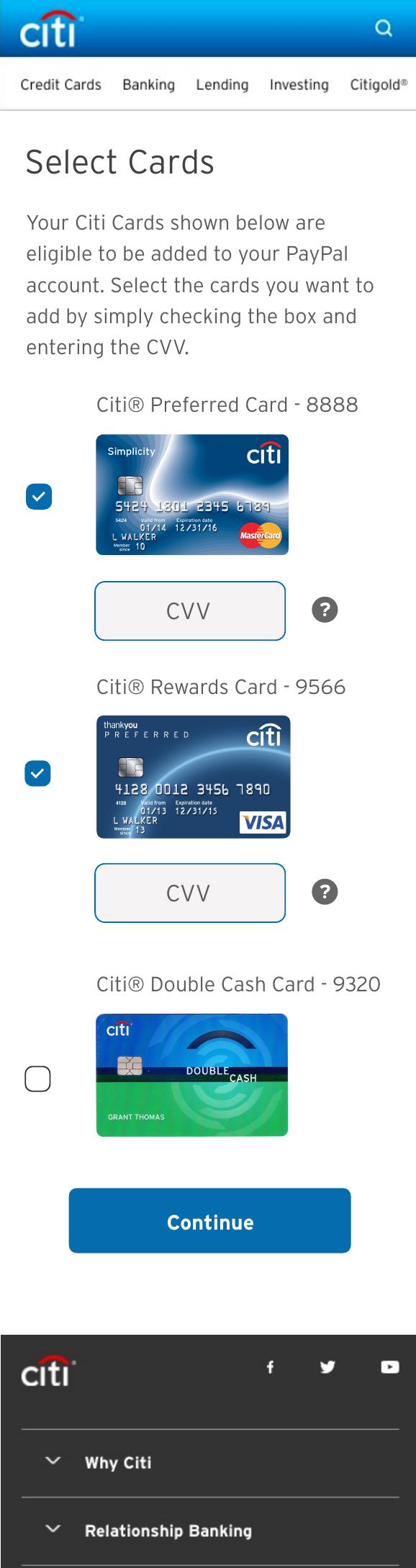 Select Cards comp — first and second cards checked, each with a CVV field