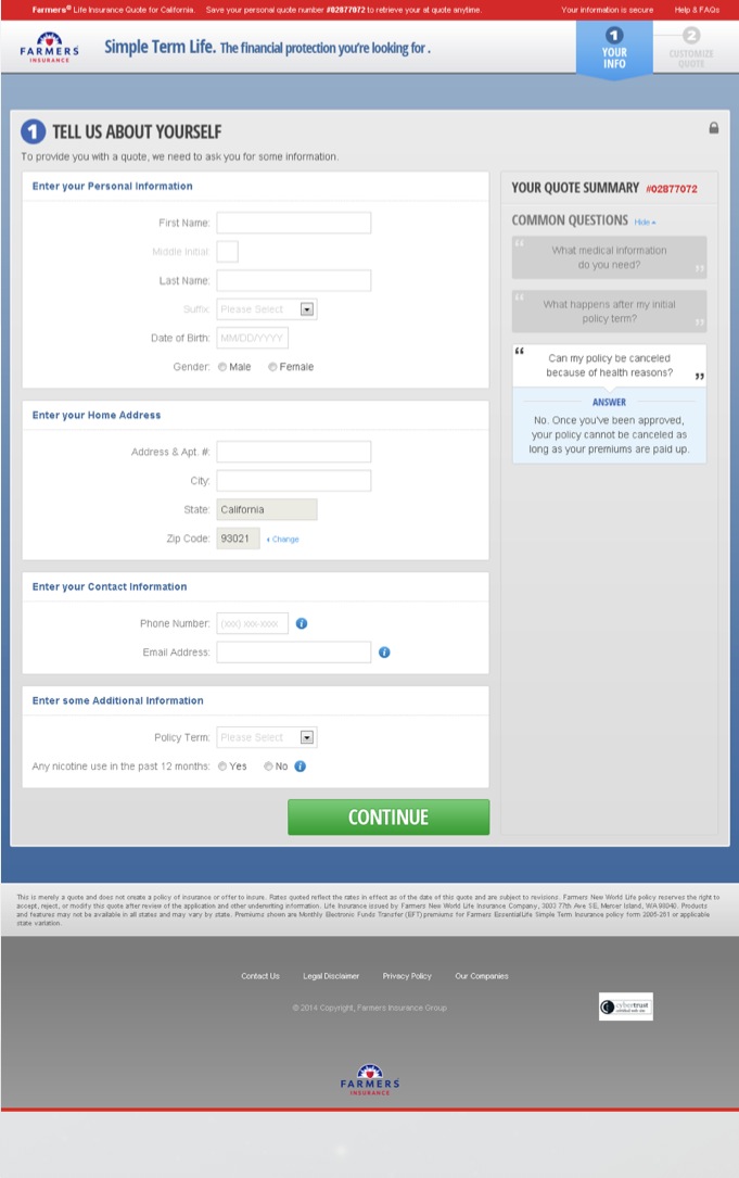Farmers Simple Term Life / Whole Life quote step one with personal information, quote summary and common-questions rail