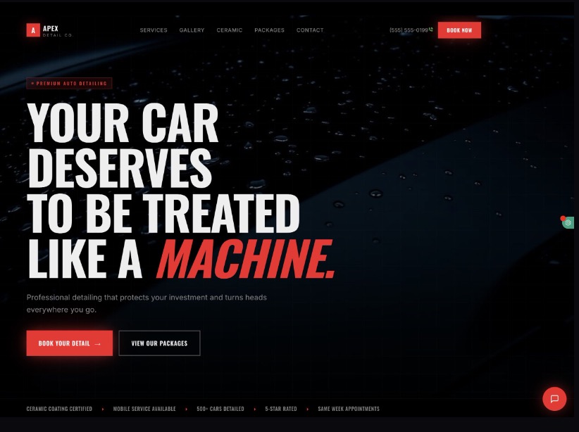 Car Detail Elite homepage with bold condensed headline over a detailed vehicle surface