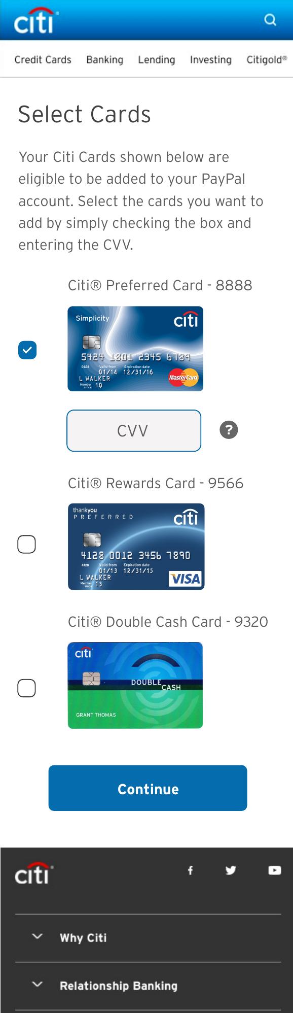 Select Cards comp — first card checked with an empty CVV field and help icon, remaining cards unselected