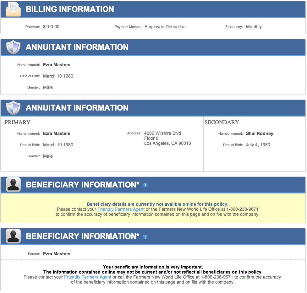 Farmers billing, annuitant and beneficiary information panels in data-density variants