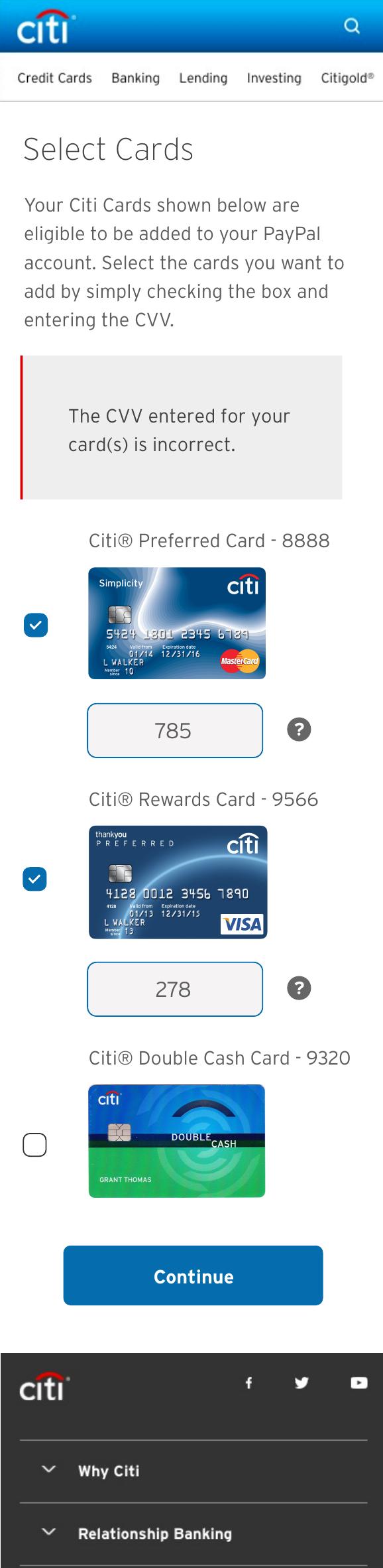 Select Cards comp with a red-bar error message reading “The CVV entered for your card(s) is incorrect.”
