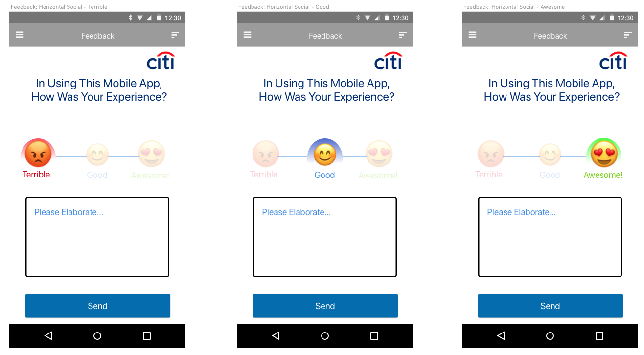 Citi mobile feedback — horizontal emoji ratings with text elaboration and Send buttons