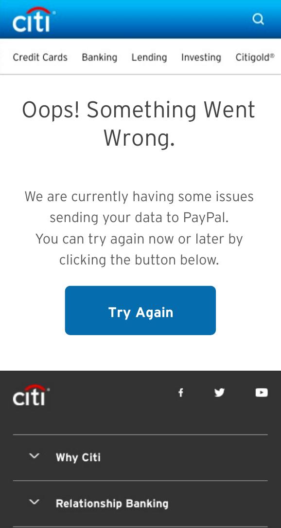 Full-page error comp — “Sorry, we are having issues.” with a Close button