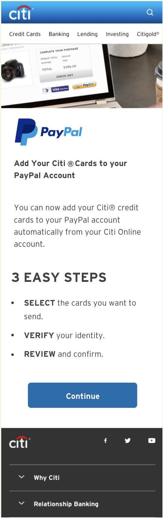 Citi mobile page explaining how to add Citi cards to PayPal with numbered steps