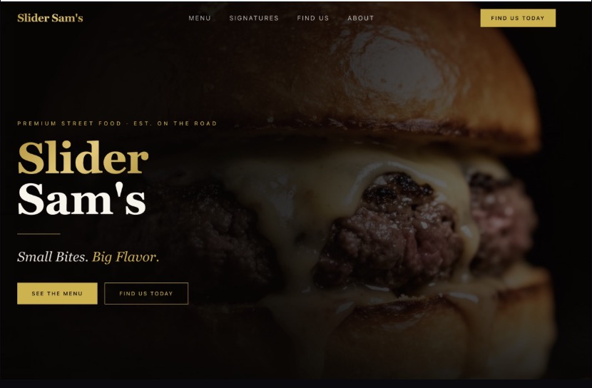 Food Truck Designer homepage for a street-food brand with a full-bleed food photograph