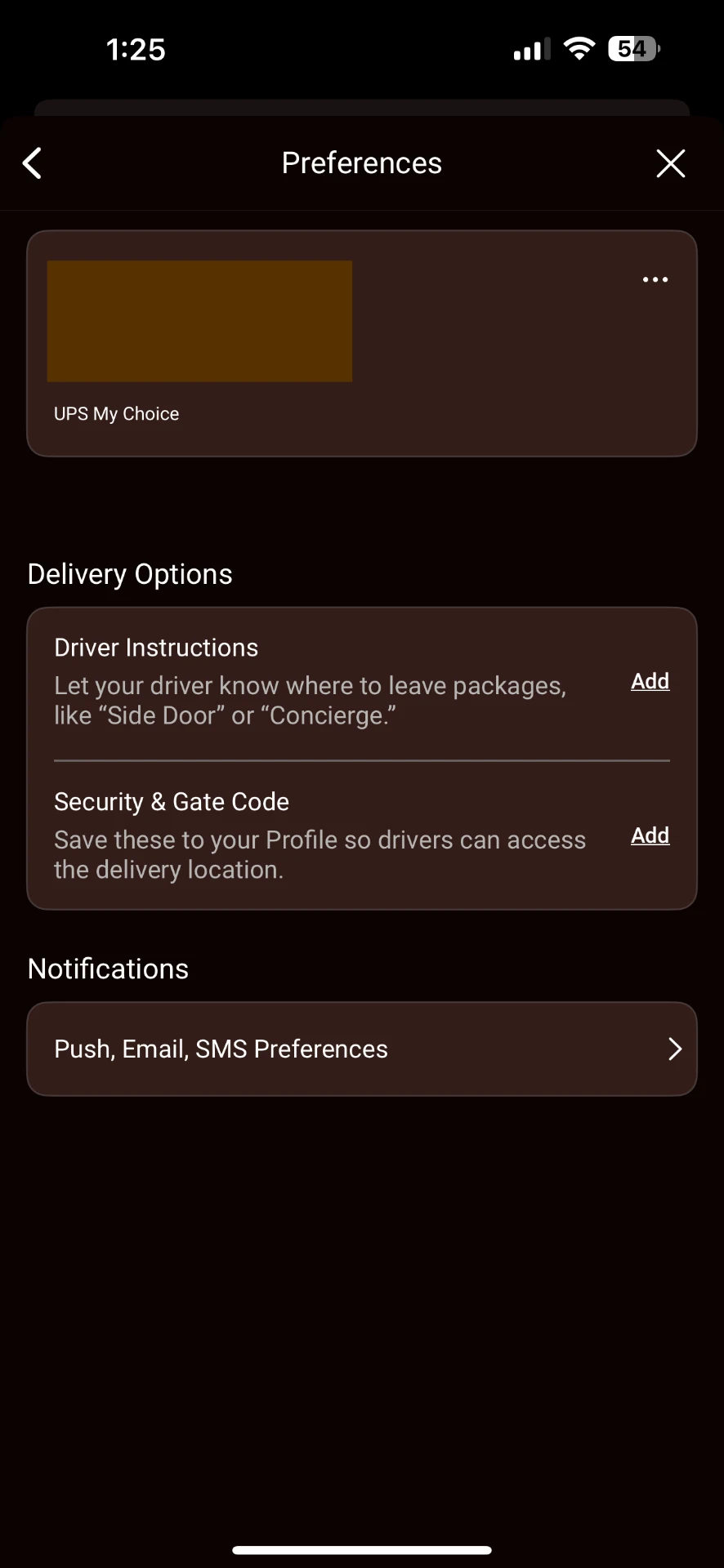 UPS preferences screen for delivery and notification settings
