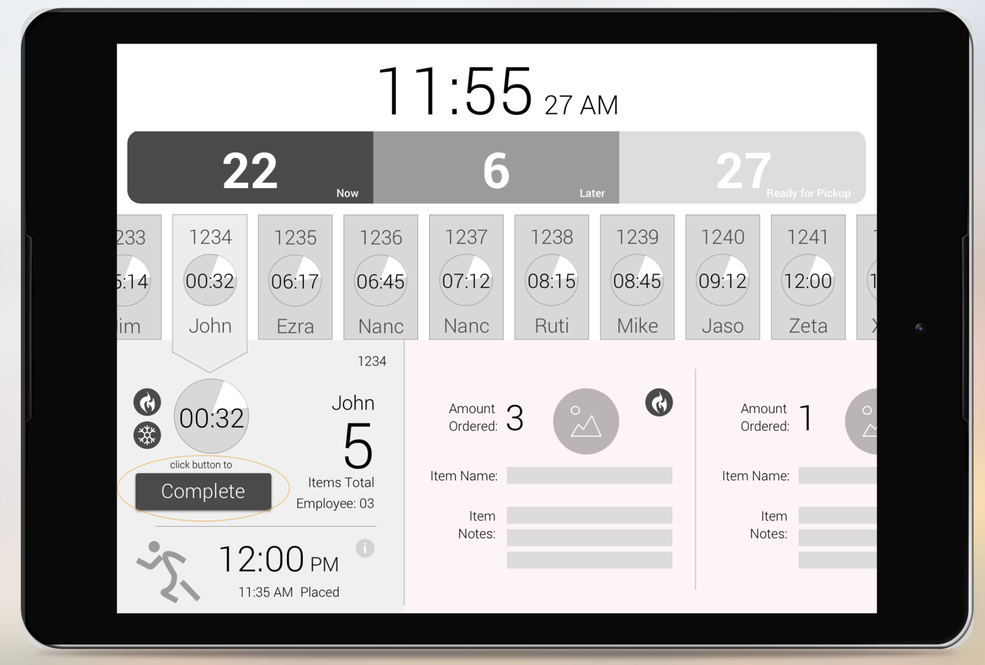 7-Eleven terminal ordering interface — hi-fi mockup with clock, status counts, ticket cards, elapsed-time dials, selected-ticket controls and item detail panel