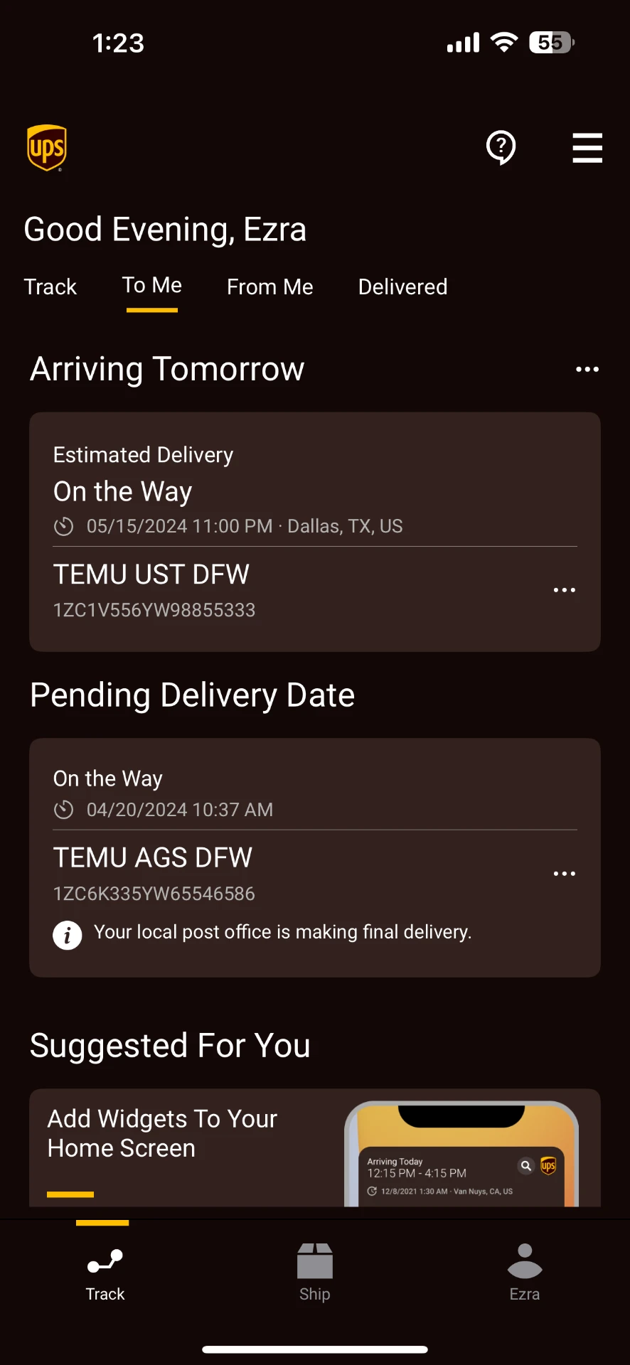 UPS Track / To Me screen showing shipment tracking and map