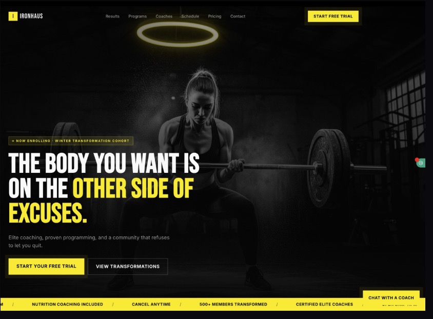 Fitness Elite gym homepage with high-contrast headline and free-trial enrollment