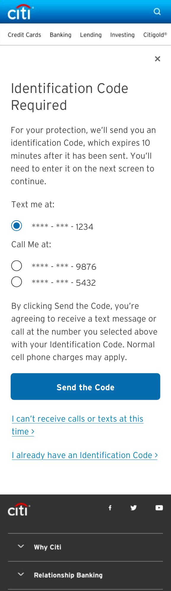 Identification Code Required modal — text or call options with masked numbers and a Send the Code button