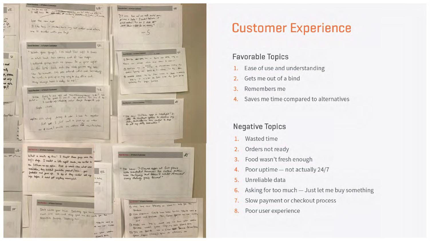 Deck page — Customer Experience review-card board with favorable topics led by ease of use and understanding, and negative topics including unreliable data, asking for too much, slow payment or checkout and poor user experience