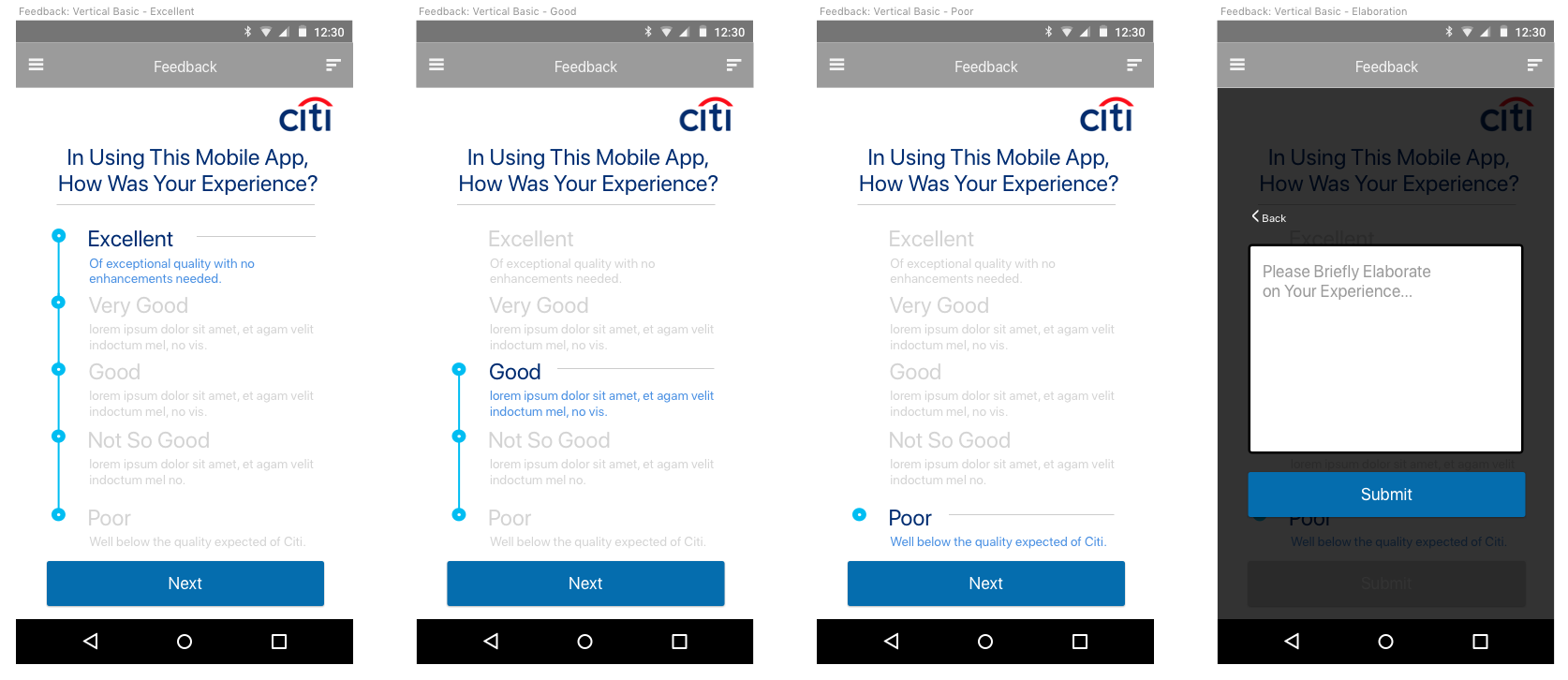 Citi mobile feedback — vertical basic ratings, Next buttons and elaboration modal