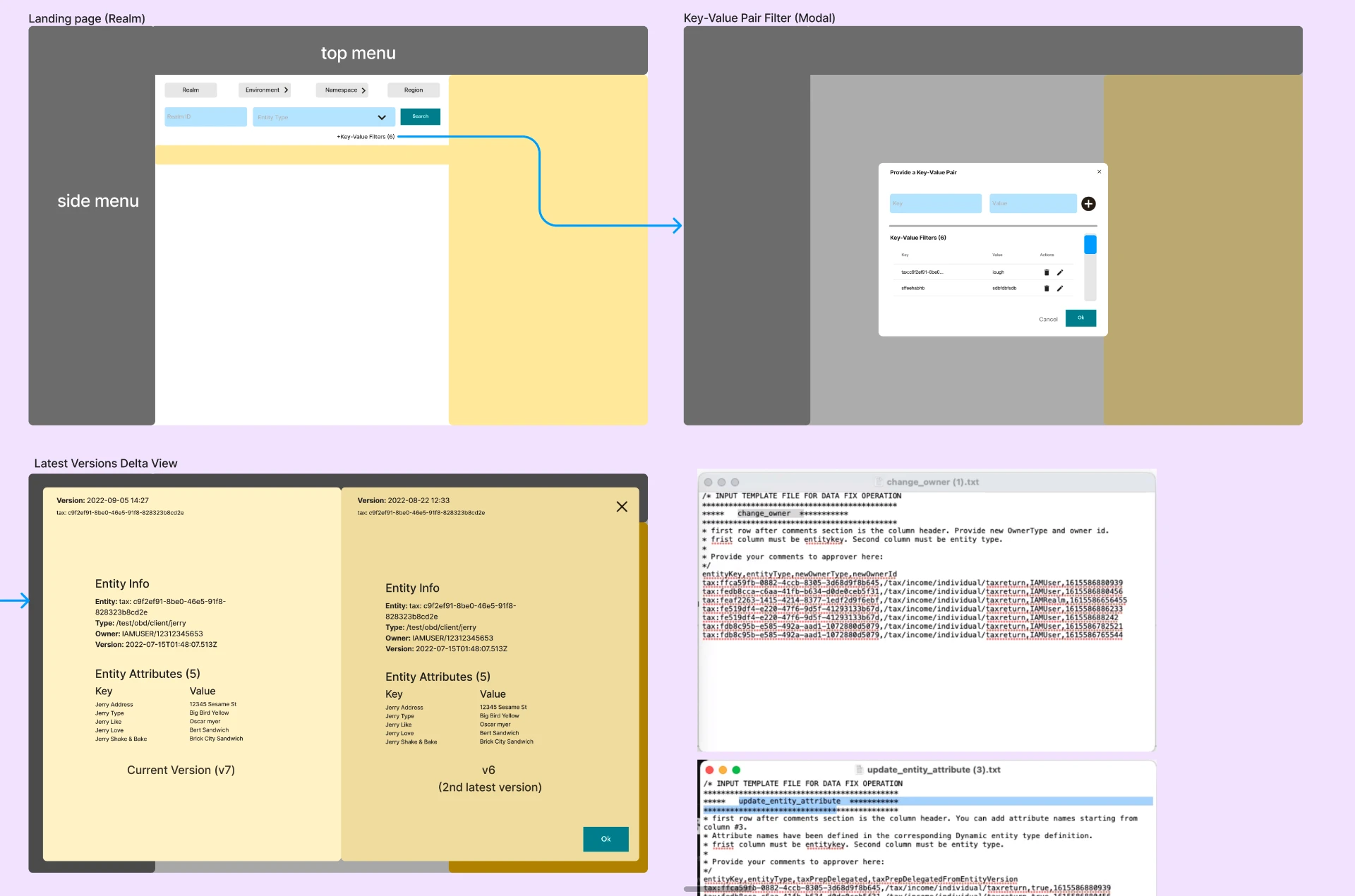 Filters and template files — Realm landing page, Key-Value Pair Filter modal, Latest Versions Delta View, and the change_owner / update_entity_attribute input-template text files