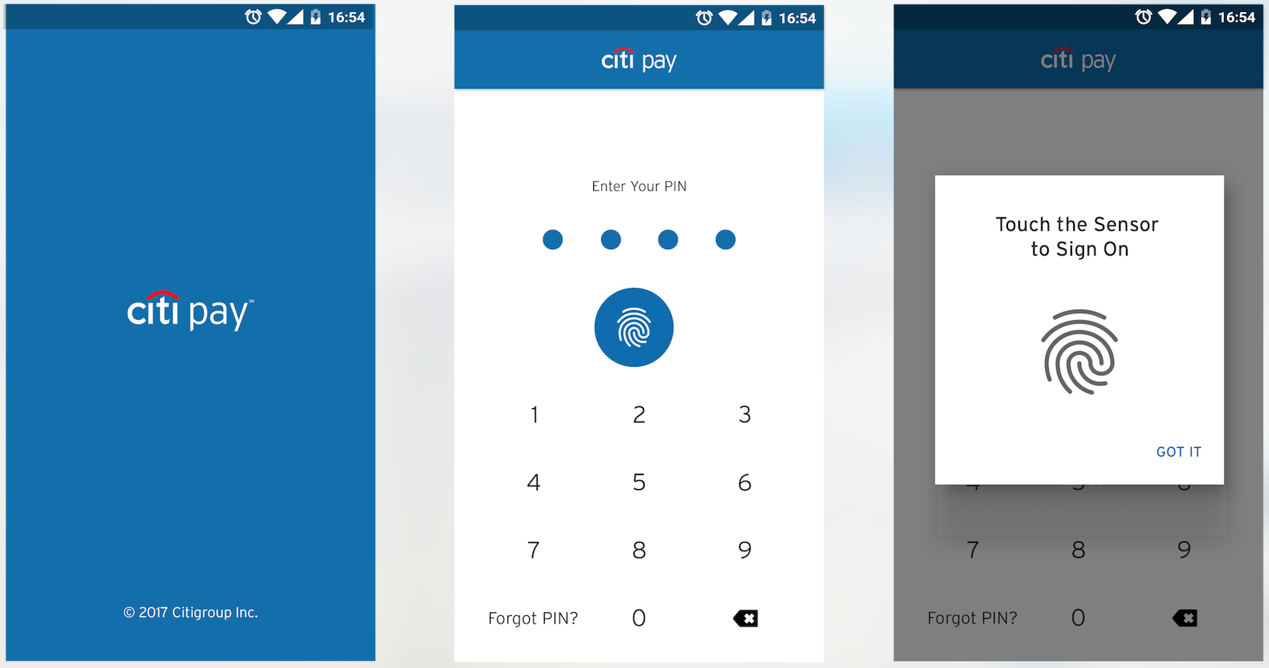 Citi Pay native mobile flow — splash screen, PIN entry and biometric sign-in dialog