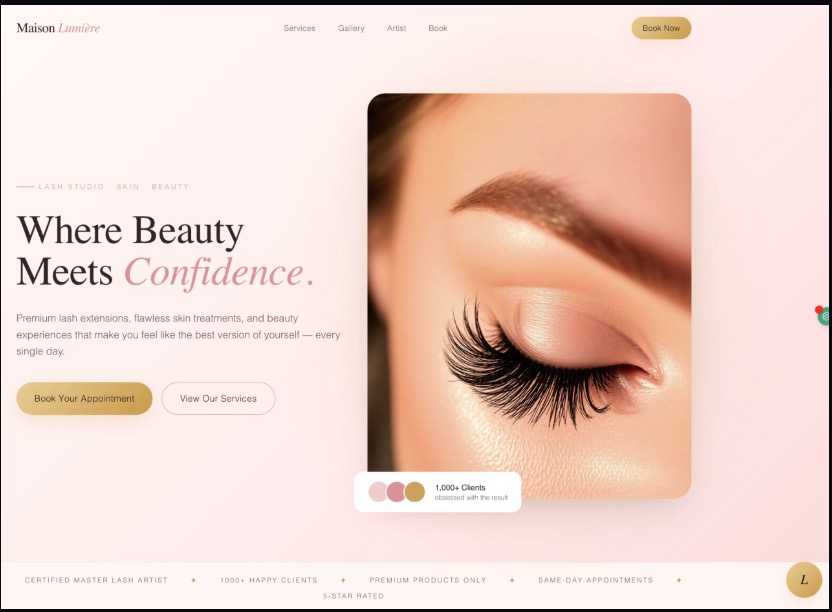 Beauty Elite lash studio homepage with soft editorial layout and appointment booking