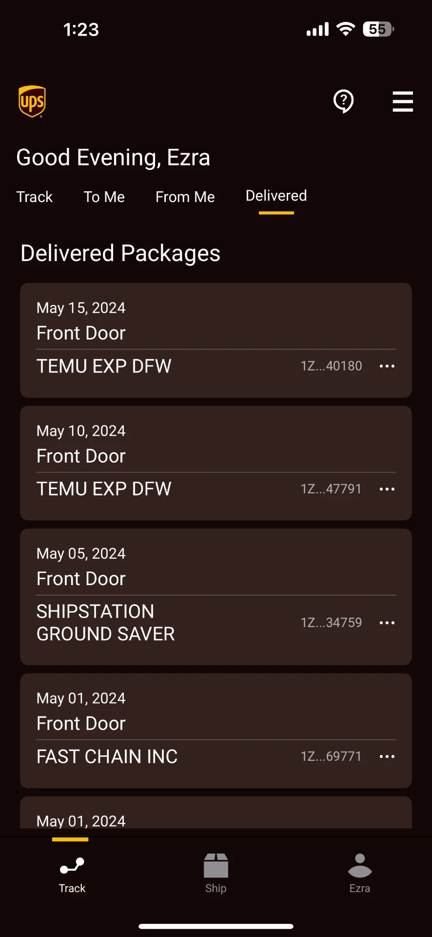 UPS Delivered screen with delivery confirmation