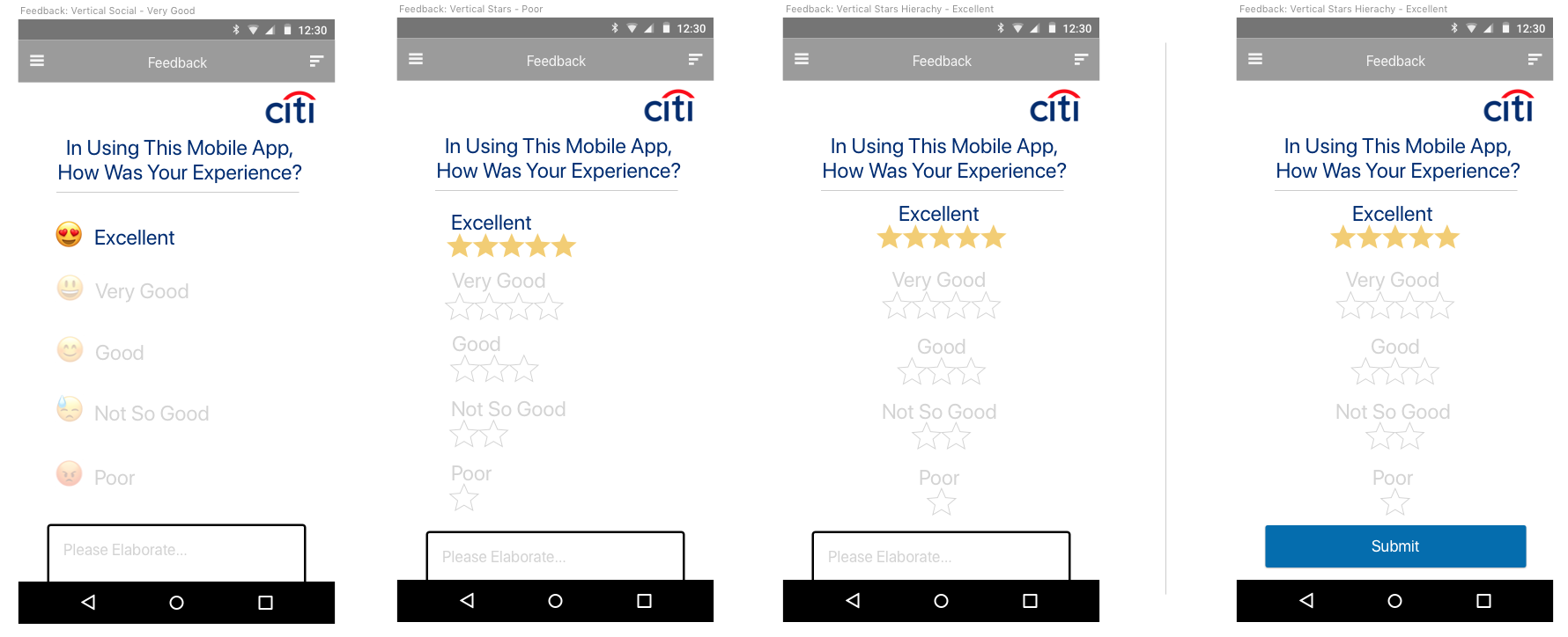 Citi mobile feedback — emoji, star rating, disabled states, text entry and submit
